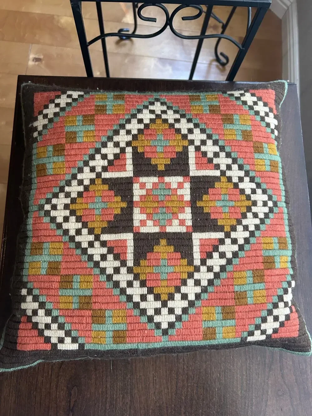 Vintage Norwegian Handmade Wool Embroidery Throw Pillow
